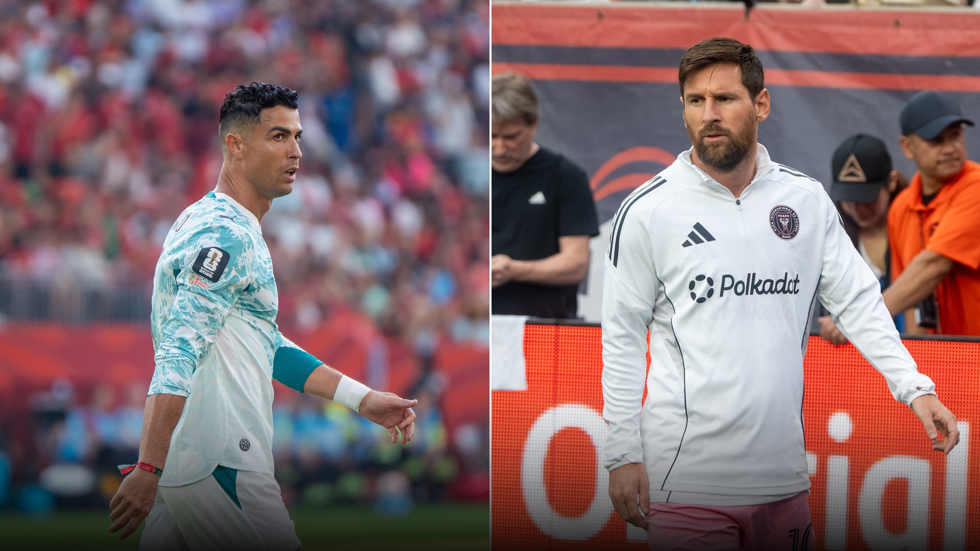 Split screen showing Cristiano Ronaldo and Lionel Messi during their late-career league chapters.