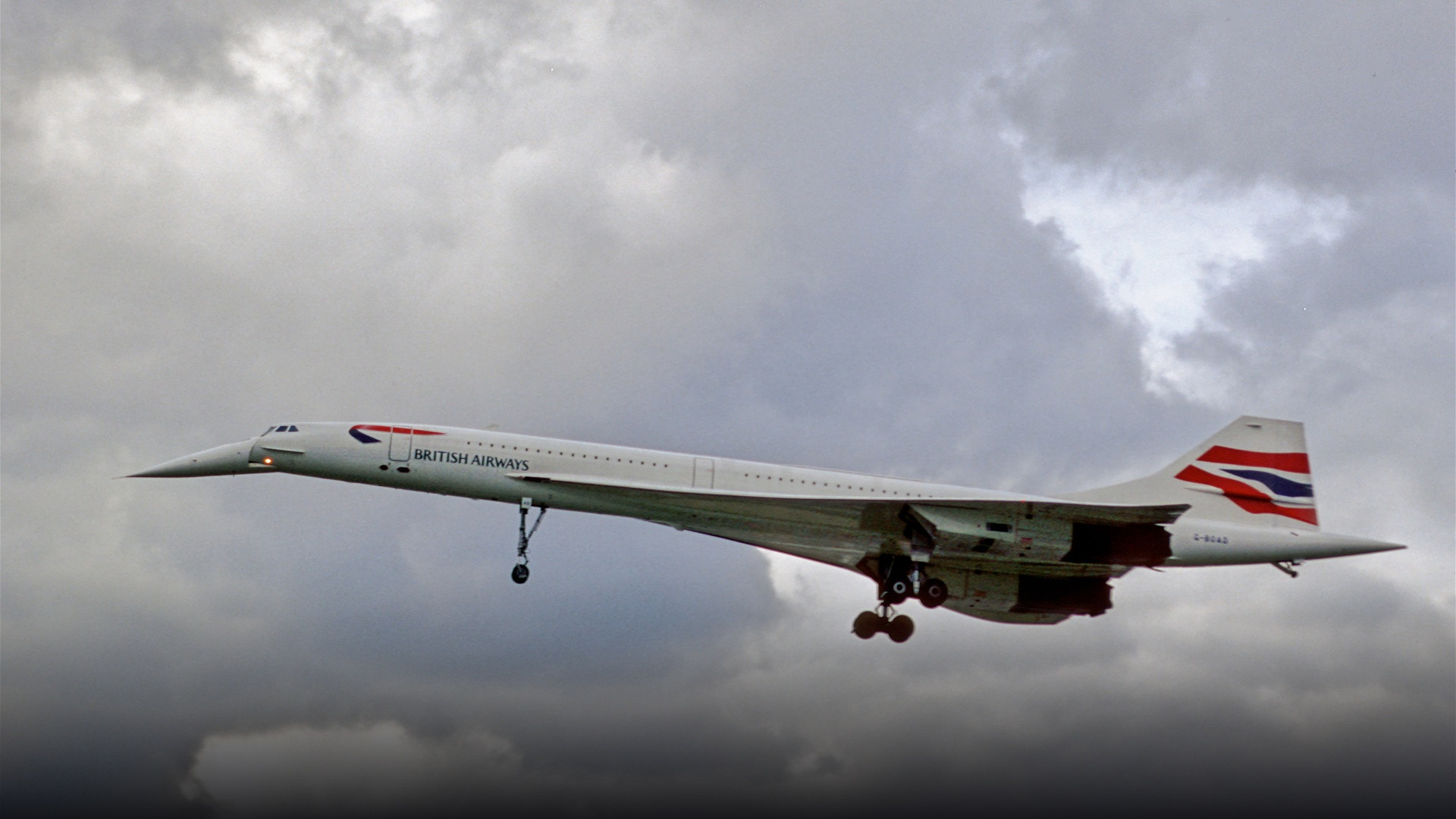 British Airways Concorde G-BOAD with droop snoot lowered on final approach to London Heathrow Airport.