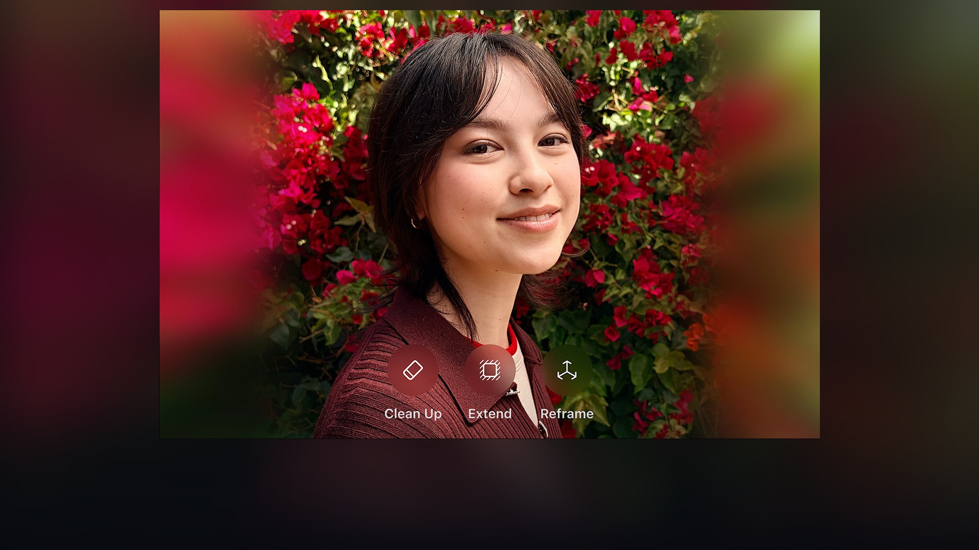 iPhone Photos app demonstrating AI Clean Up object removal on a portrait shot.