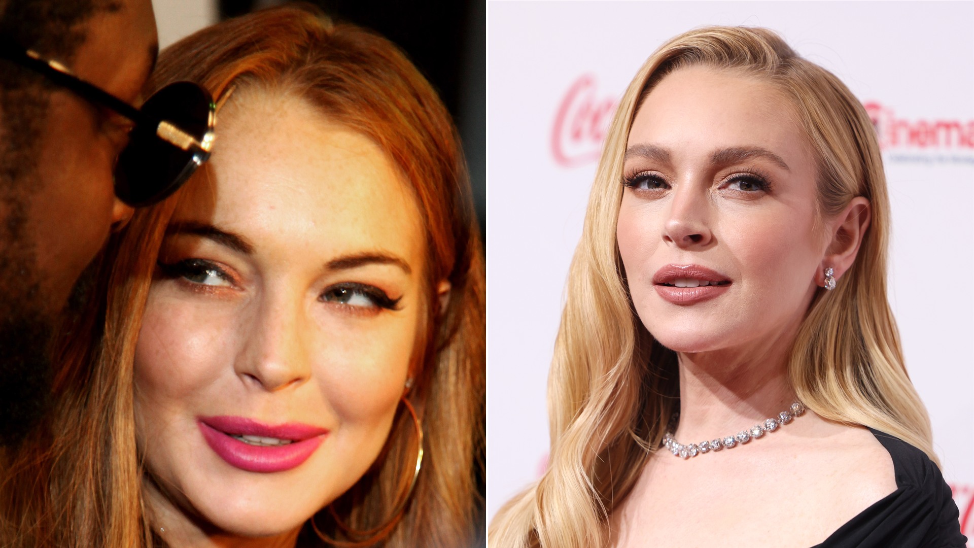 50/50 split comparison of Lindsay Lohan in 2006 and during her 2025 comeback