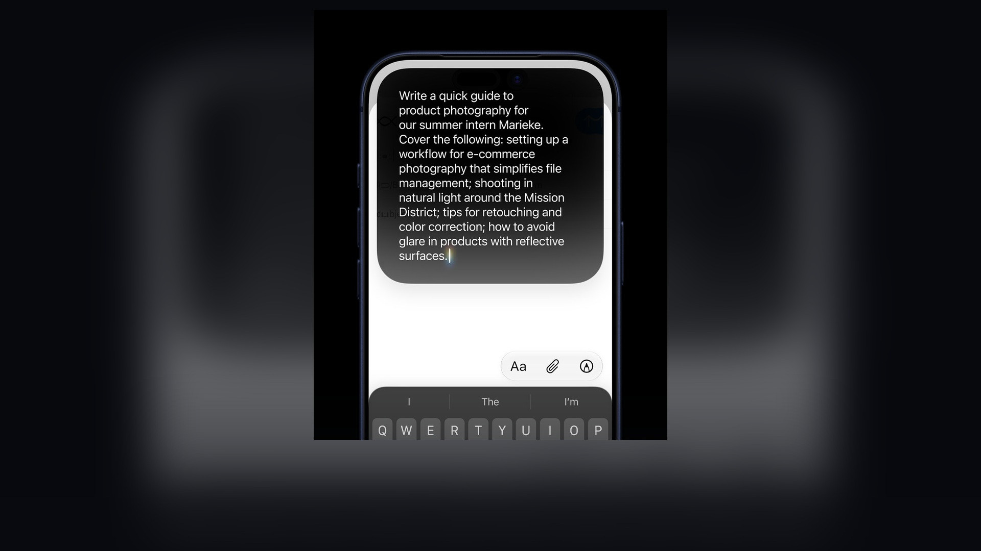 iPhone screen showing Write with Siri generative draft composer and style matching.