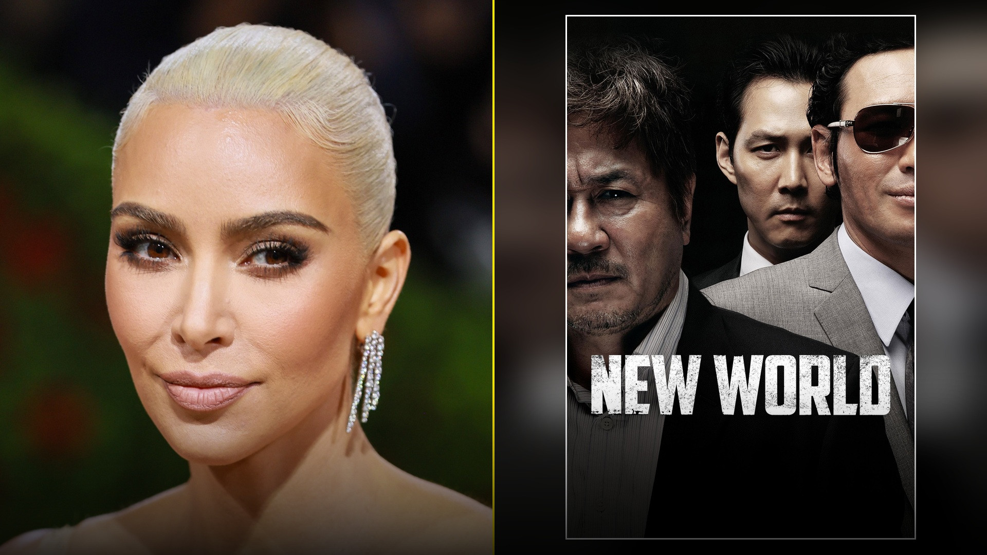 Split slide showing a glamorous chic Kim Kardashian portrait on the left and the official Tyler Perry Temptation theatrical poster on the right.