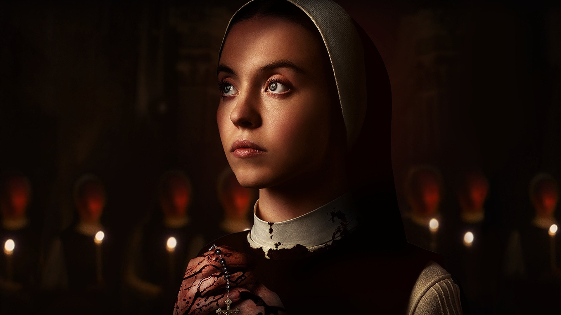 Cinematic production still of Sydney Sweeney starring in convent habit in Immaculate.