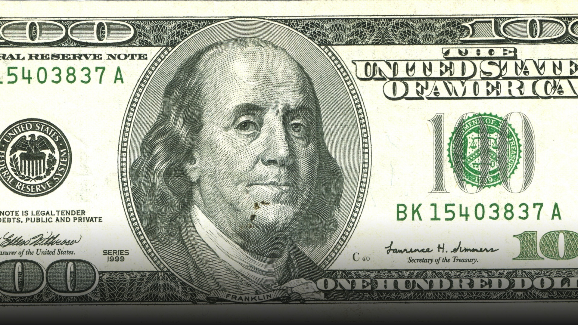 Close-up of a United States one hundred dollar bill.