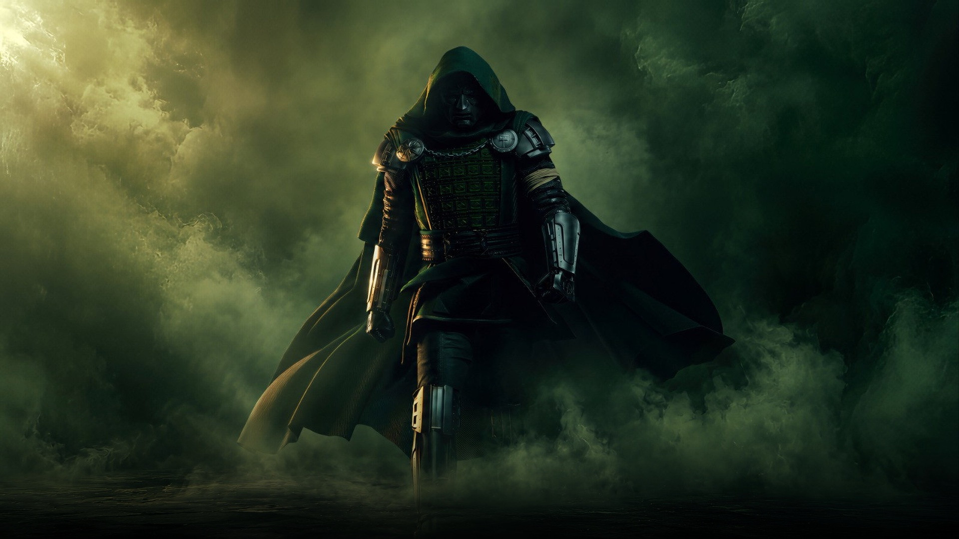 Doctor Doom marching through swirling green mystical fog in full armor, titanium mask, and emerald cloak.