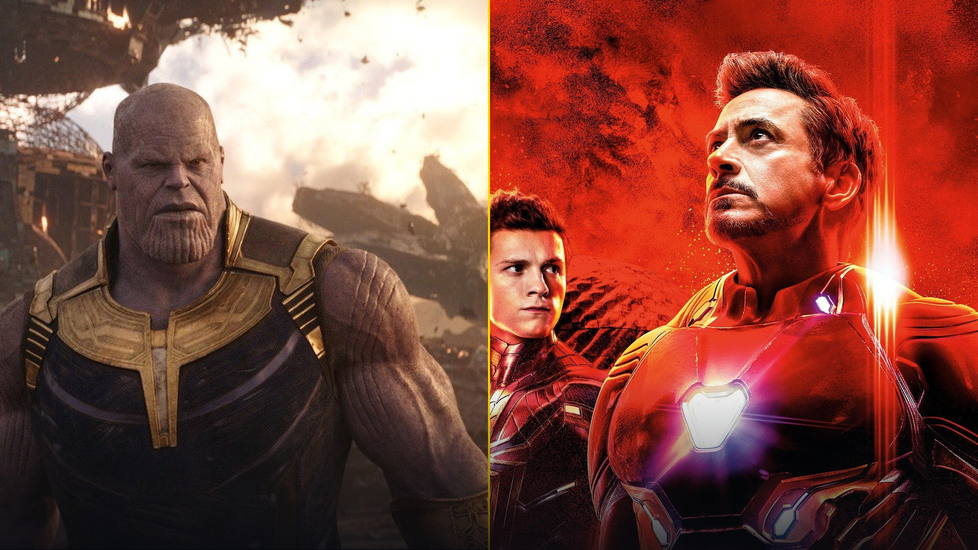 50/50 face-off split featuring Josh Brolin as Thanos in gold armor on Titan on the left and Robert Downey Jr. as Iron Man in nanotech armor on the right.