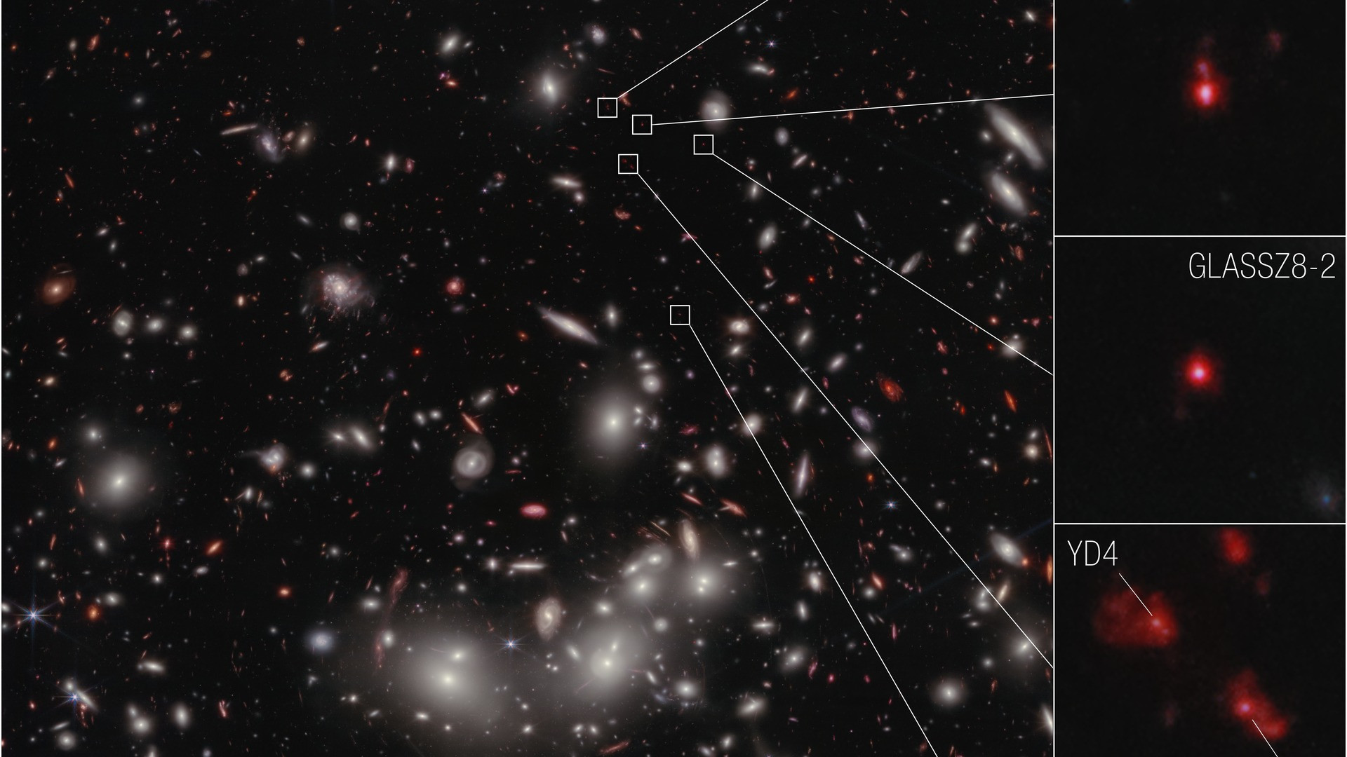 Massive galaxy cluster showing warped gravitational lens arcs of ancient galaxy MACS0647-JD.