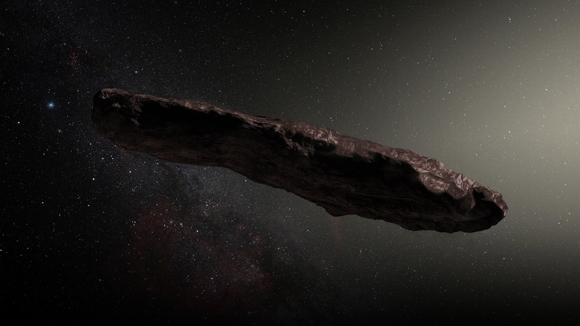 An astronomical painting of elongated reddish interstellar asteroid ʻOumuamua tumbling through outer space.