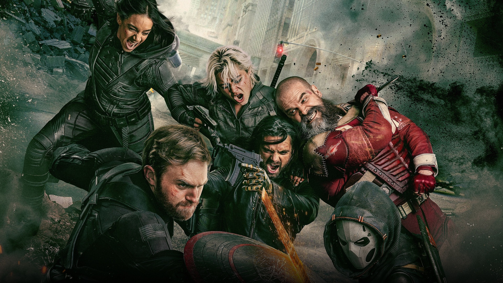 Sebastian Stan as Bucky Barnes leading the Thunderbolts strike squad in combat.