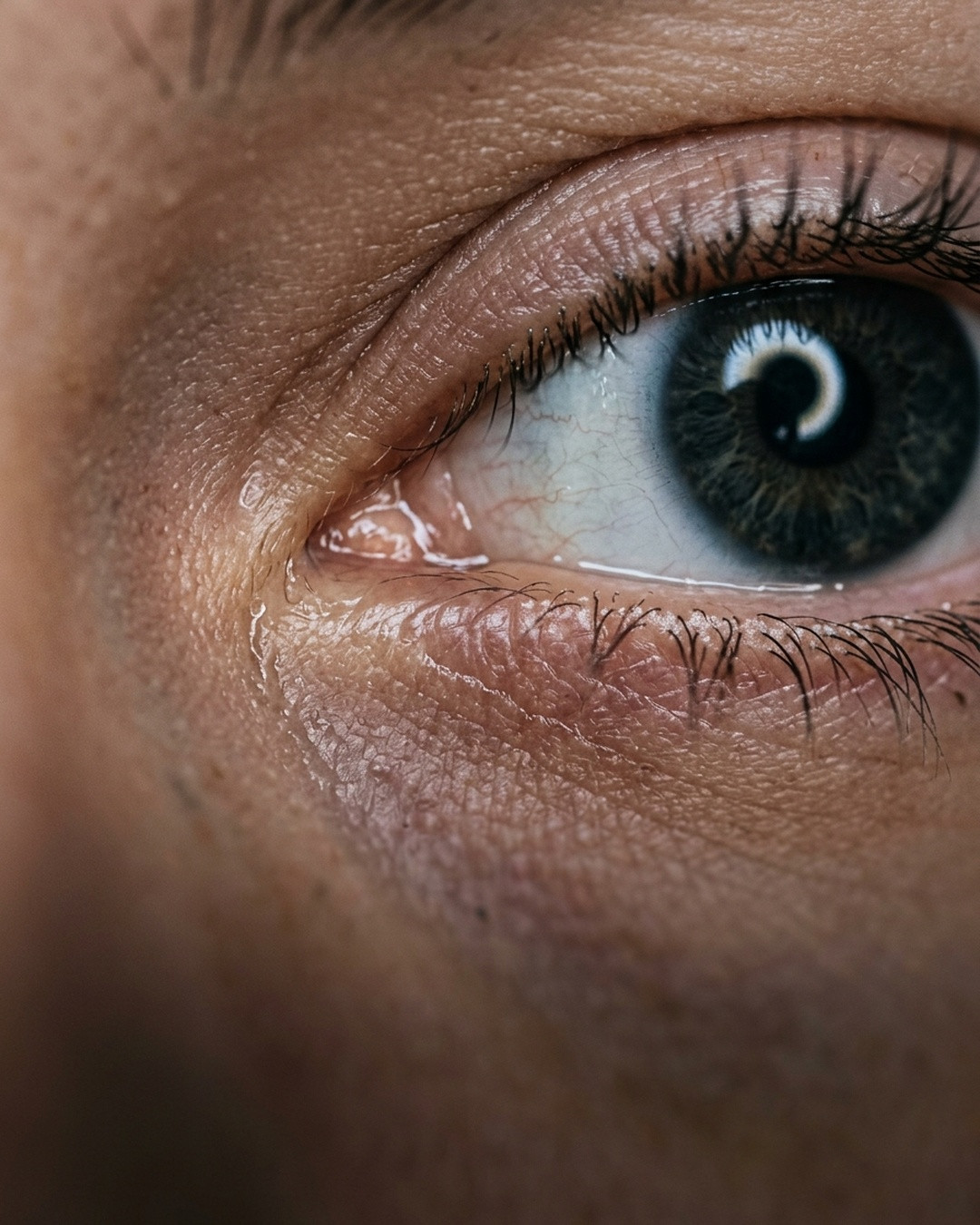Macro photograph of the outer corner of a synthetic human eye where the upper and lower lids meet.