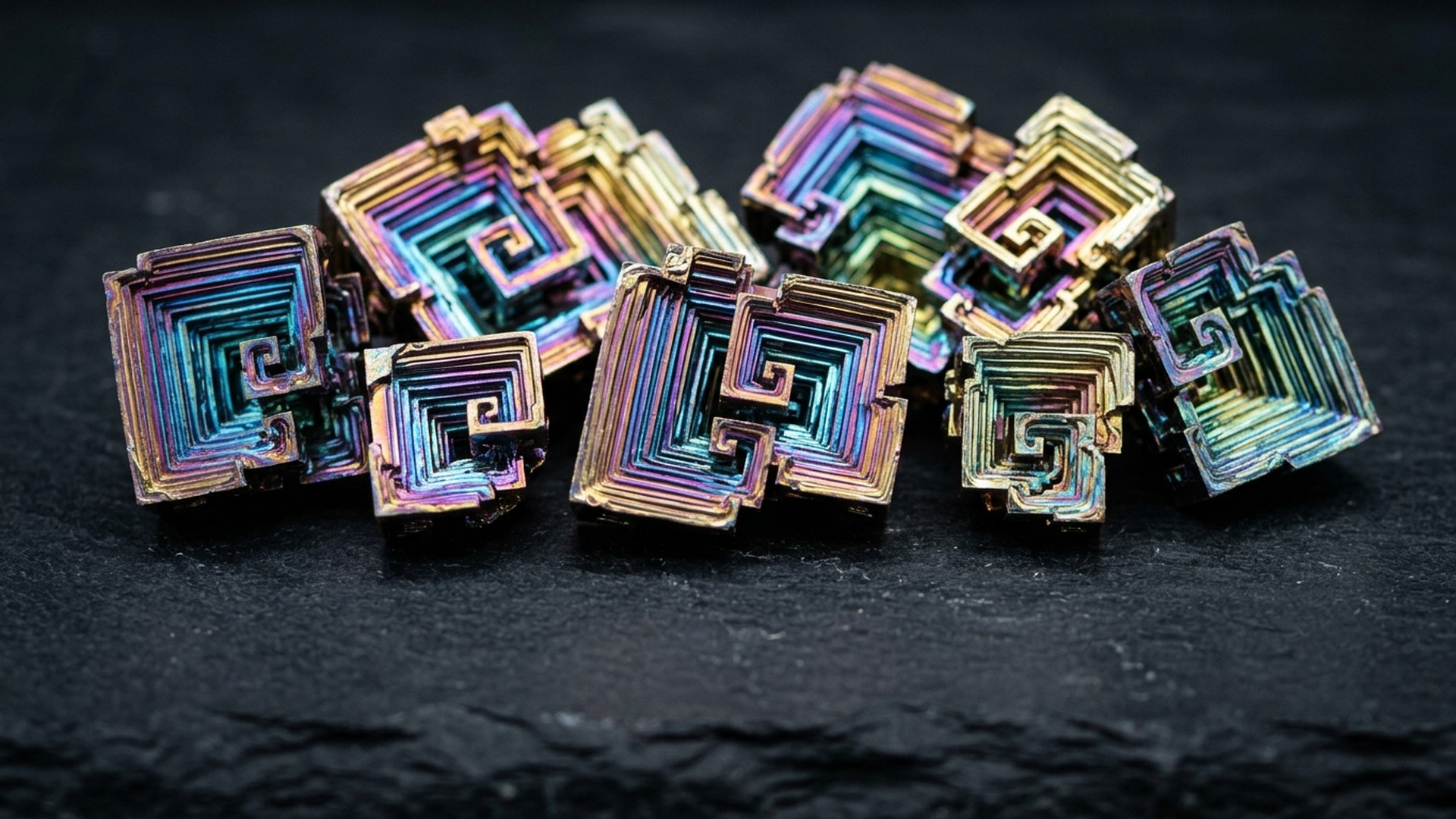 A large geometric bismuth hopper crystal showing vibrant metallic rainbow colors arranged in stepped labyrinthine spirals.