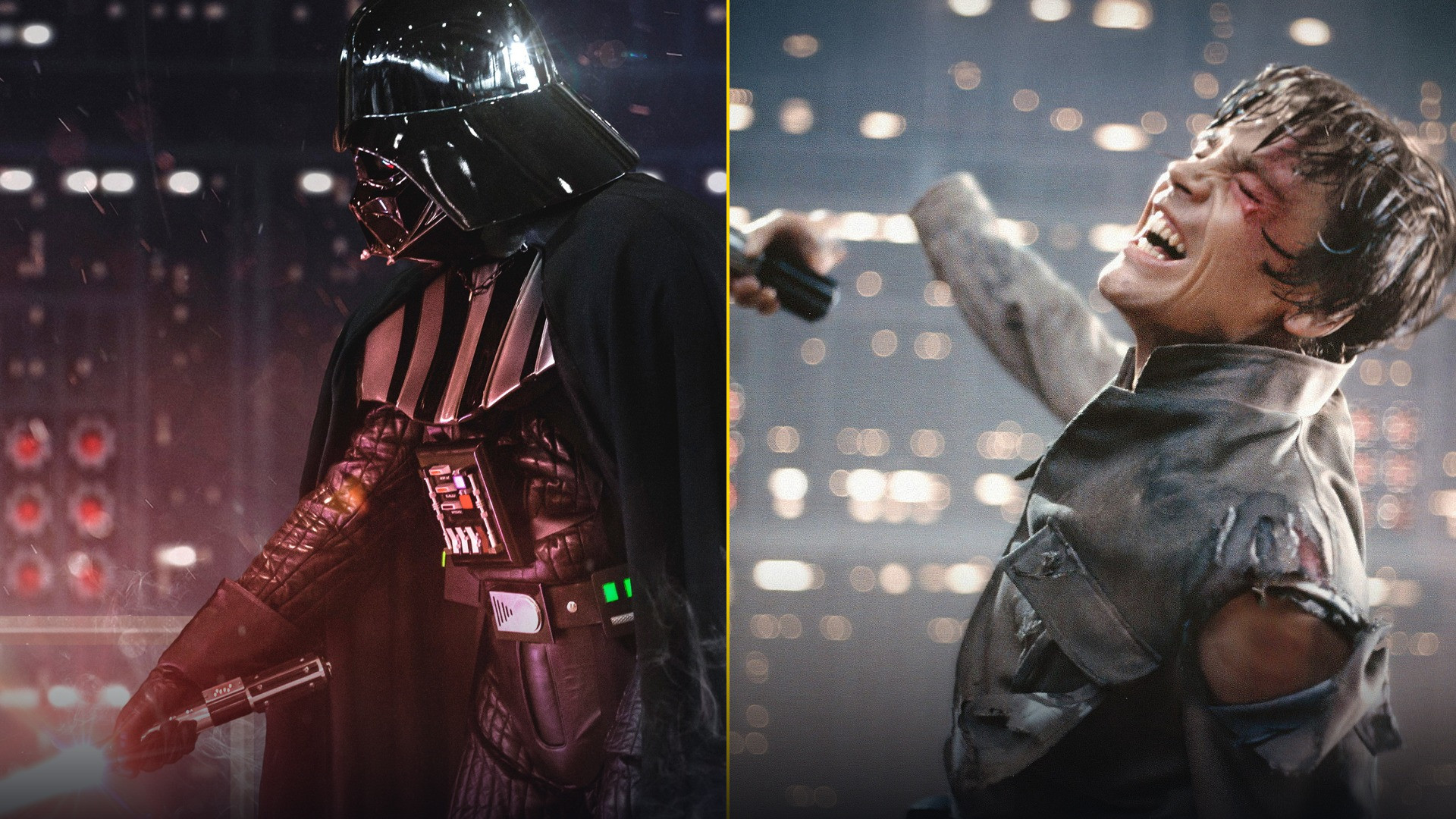 50/50 face-off split featuring Darth Vader with a glowing red lightsaber on the left and Mark Hamill as Luke Skywalker on the Cloud City gantry on the right.