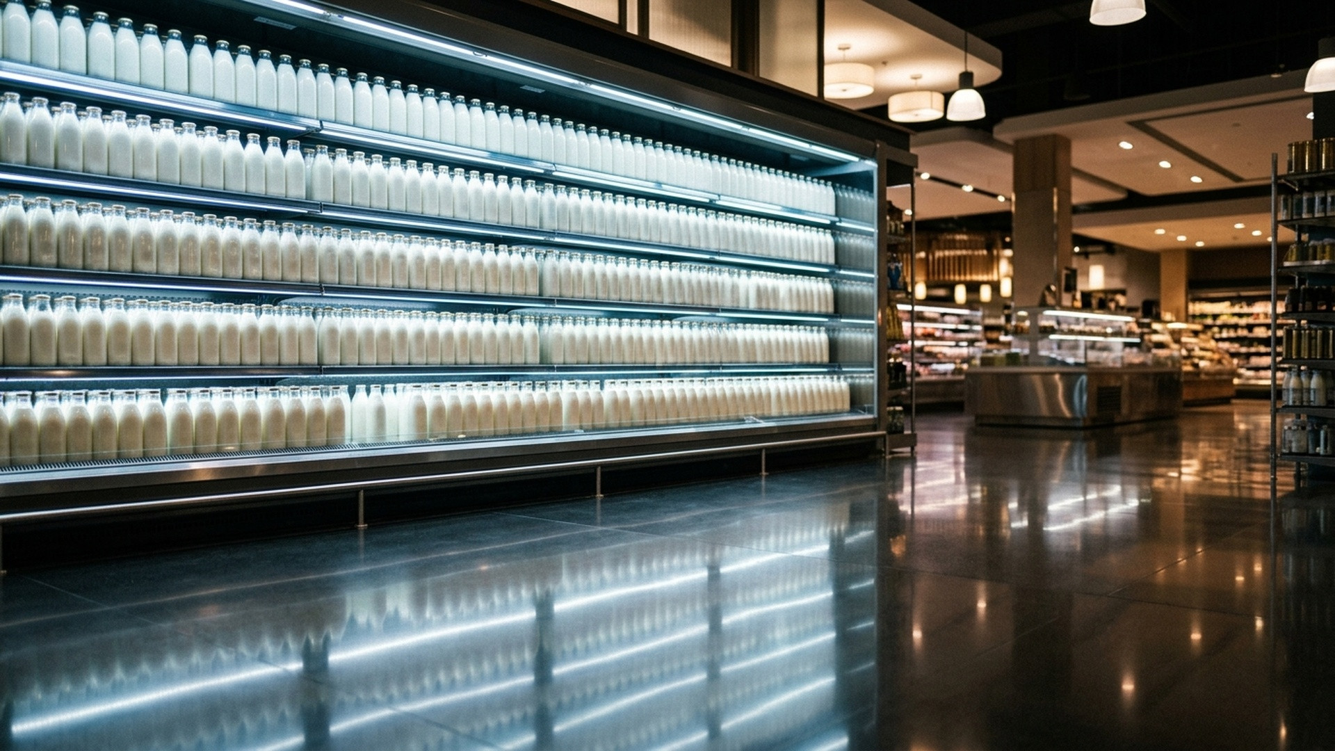 Refrigerated store display featuring cold unbranded glass milk bottles glowing under cool shelf lighting.