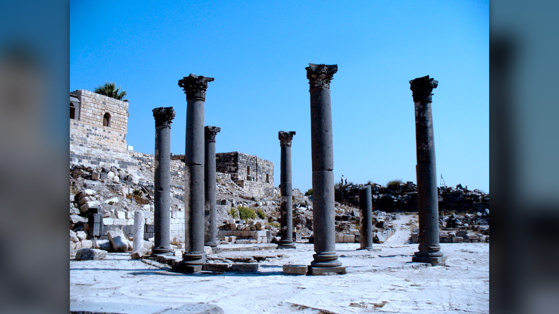 Byzantine church ruins with ancient stone columns at Umm Qais Gadara Jordan