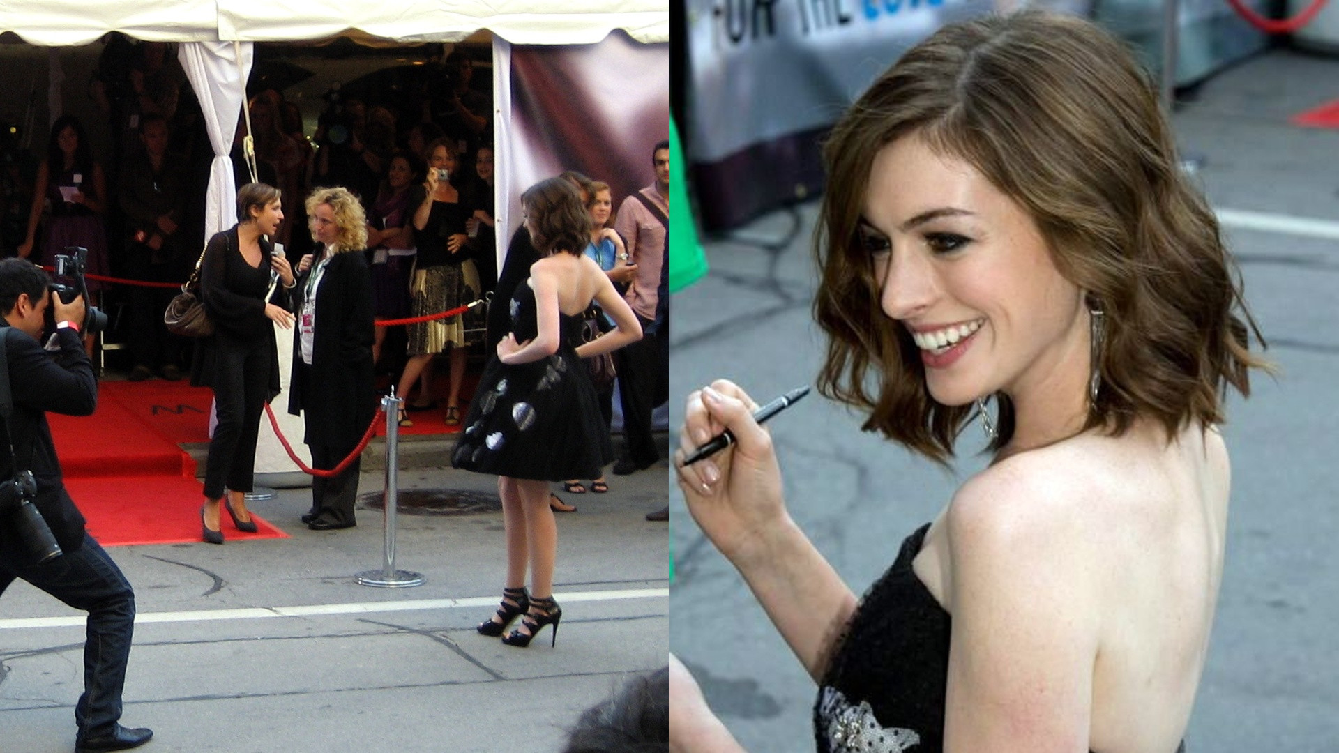 Dual-view photograph of Anne Hathaway at the 2008 TIFF premiere of Rachel Getting Married, showing her on the red carpet in a black cocktail dress and smiling up-close as she signs autographs for fans.