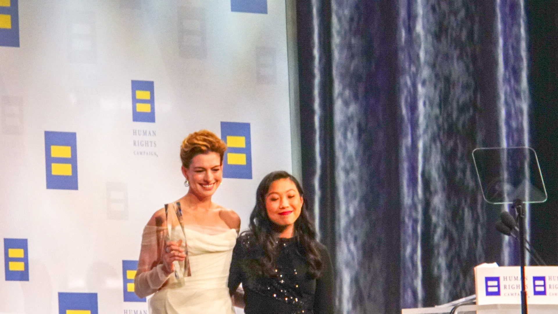 Photograph of Anne Hathaway in a vibrant patterned gown speaking at a gala dinner.