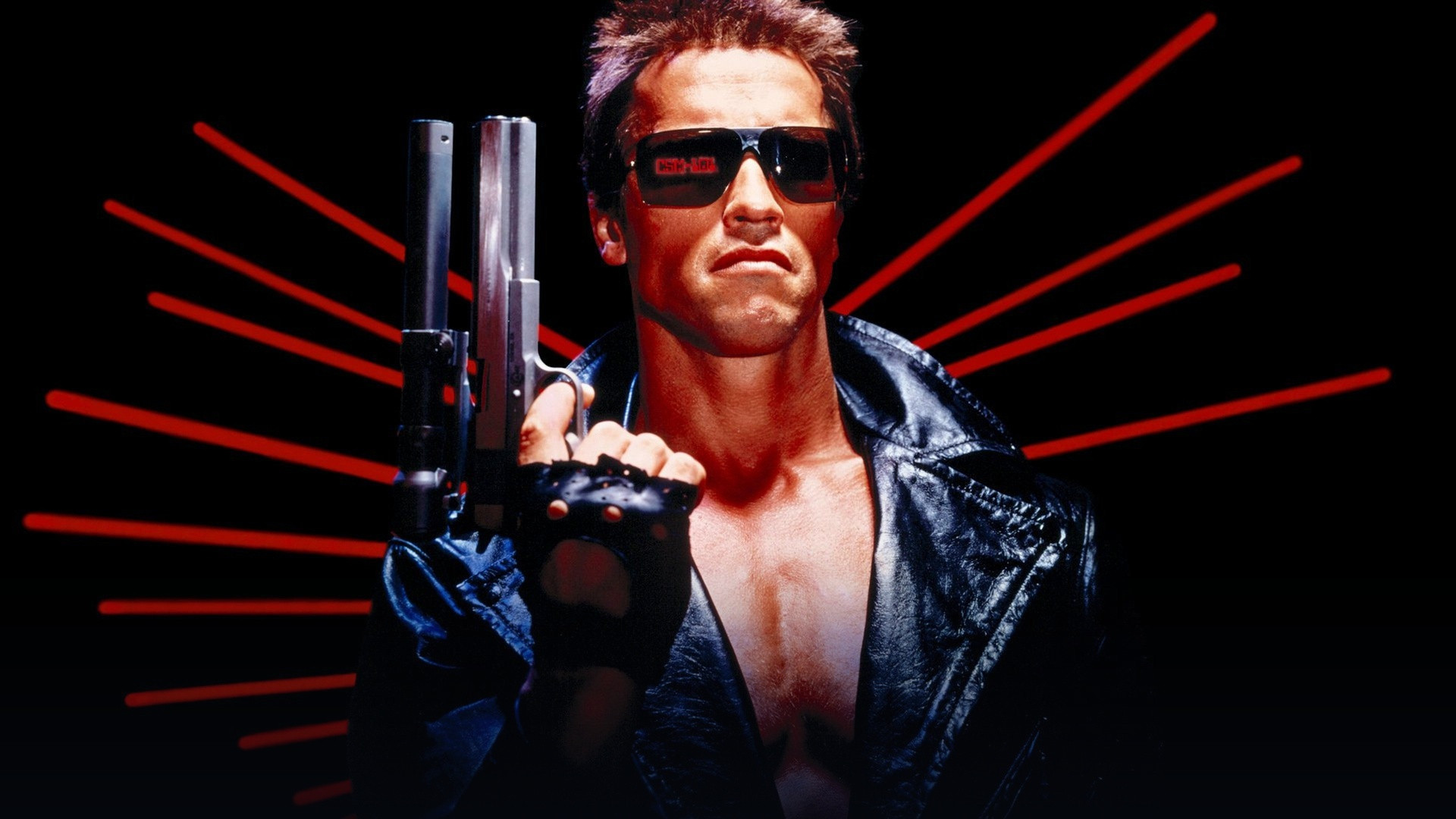 Arnold Schwarzenegger as the cybernetic T-800 Terminator in leather jacket and sunglasses.