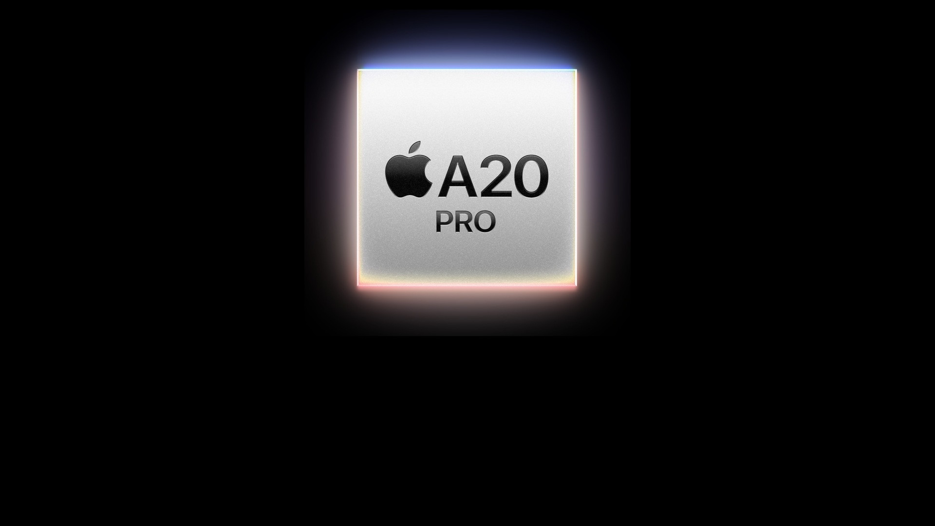 Close-up of the Apple A20 Pro system-on-chip with intricate silicon circuitry.