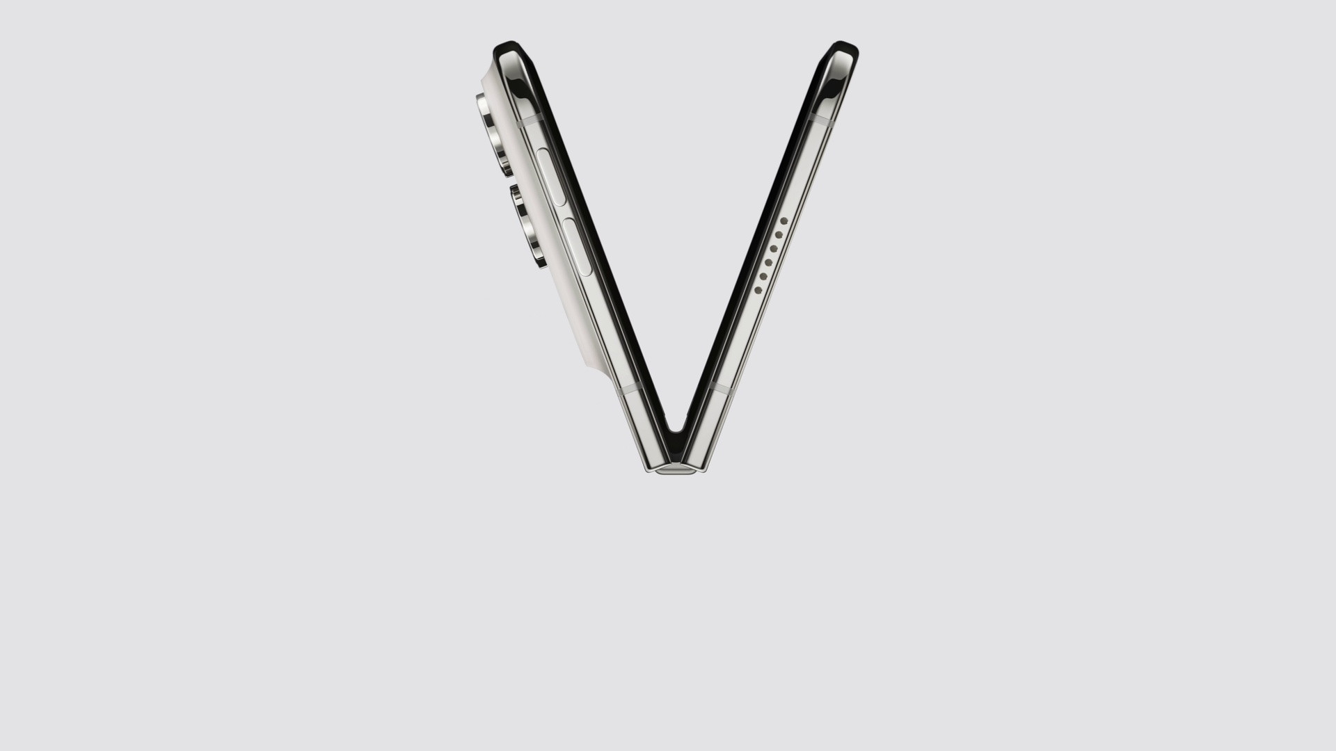 iPhone Duo standing in a profile V-shape, highlighting the sleek titanium side rail and volume buttons with no Action button present.